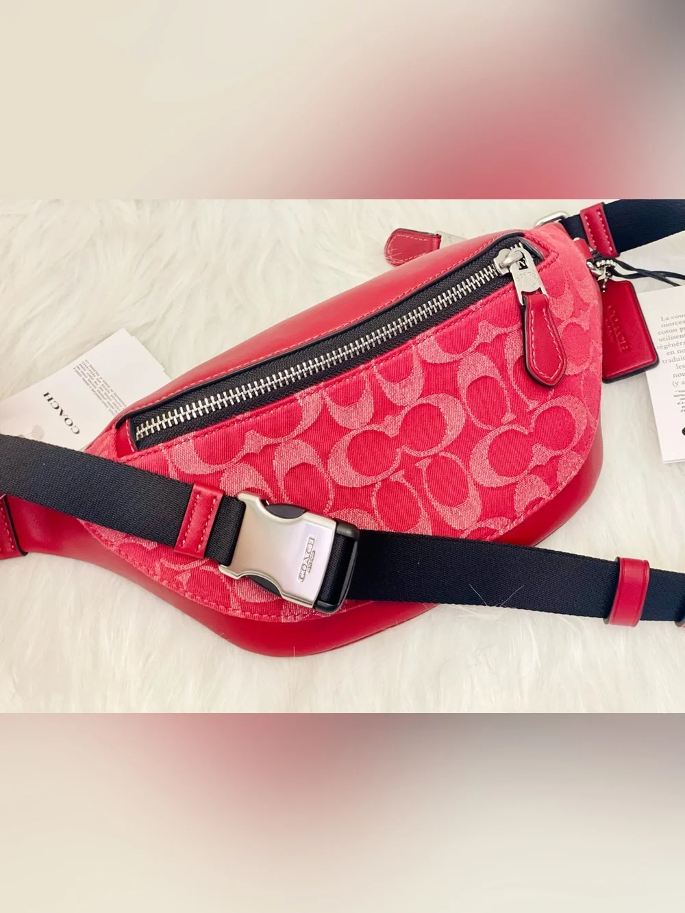 NWT Coach Warren Mini Signature Denim & Leather Belt Bag CAJ43 Ruby Red